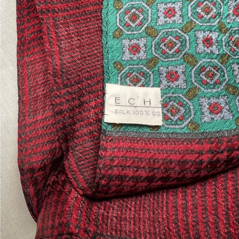 100% Silk Vintage Echo Ruby Green Pattern Scarf W… - image 6